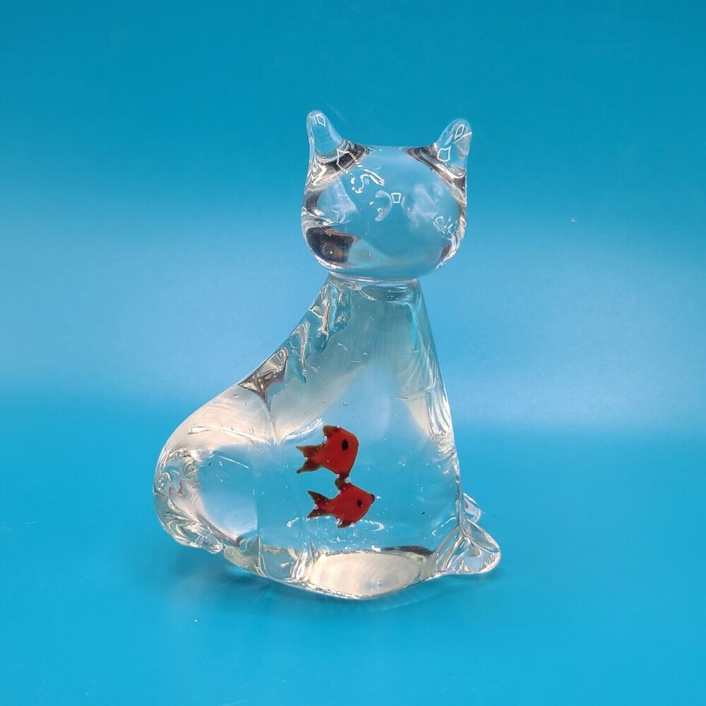 Glass Cat with Fish in Belly Paperweight Shelf Sitter Decor Goldfish 5" Tall